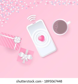 Pink heart on mobile phone with gift box and coffee
paper art concept, design for website banner and card.