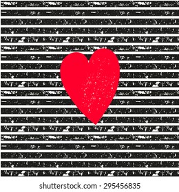  Pink heart on seamless vector striped pattern. Black-white background. Grunge brushes