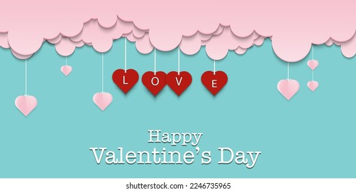 Corazón rosa sobre el cielo con nubes rosas sobre fondo azul con espacio de copia para texto , Ilustración vectorial para fondo de pared , Feliz Día de San Valentín Concepto 