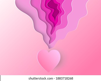 Pink heart on the wave background as design paper art and craft style concept.