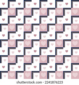 Pink heart on zigzag geometric square background vector seamless pattern, element for decorate valentine card, flannel tartan plain fabric textile printing, wallpaper and paper wrapping