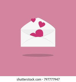 pink heart in opened white blank paper envelope isolated on light pink background