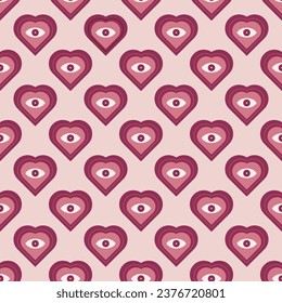  pink heart pattern with eyes. Valentine's day, love concept. Vector seamless pattern. Colored trendy illustration. Repeatable vector design for wrapping, stationery and fabric