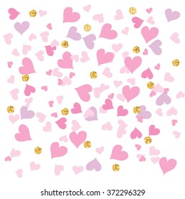 Pink heart pattern. Geometric color background with gold circles