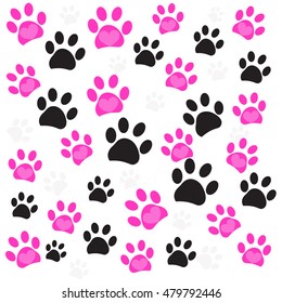 Pink heart paw prints and black paw print pattern vector illustration