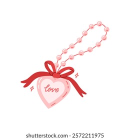 Pink heart pendant on bead necklace with red ribbon bow. Decoration trinket with the inscription love. Jewelry for neck with beautiful pearls. Symbol of love. Flat vector illustration