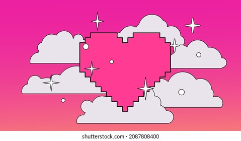 Pink heart in pixel art style. Vector template for logotype or icon.