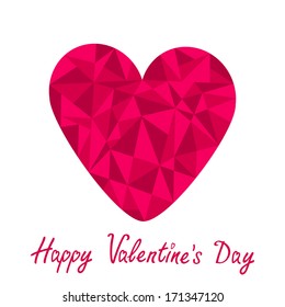 Pink heart. Polygonal effect. White background. Happy Valentines Day card. Vector illustration.