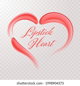 Pink heart of realistic vector cream or lipstick smears. Transparent checkered background.