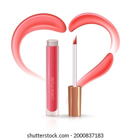 Pink heart of realistic vector cream or lipstick smears. Isolated on white background.