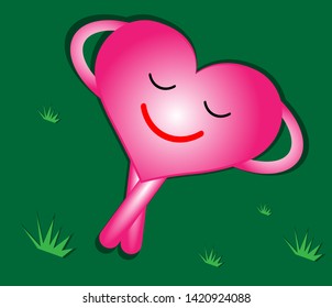 "Pink heart resting with a smiling face on the green grass.Living with a heart full of happiness.The heart is full of love and happiness.vector illustration."
