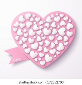 Pink heart with ribbon on a gray background. Valentines day. Vector illustration.