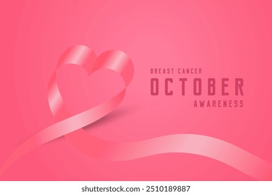 A pink Heart ribbon with text Breast cancer awareness on October, gradient pink background is a muted pink, A pink ribbon, symbolic of breast cancer awareness.