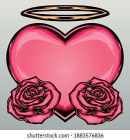 Pink heart with roses. Premium vector