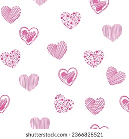 Pink heart seamless pattern. Background of heart icon hand drawn vector for love logo, heart symbol, doodle icon, greeting card and Valentine's day. Painted grunge vector shape