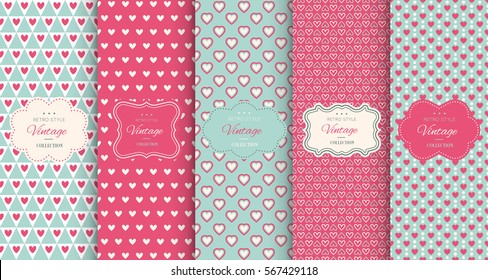 Pink heart seamless pattern background. Vector illustration for holiday design. Abstract romantic photo frame. Stylish decorative bright label set. Fashion valentine day ornament.