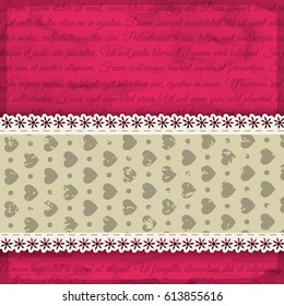 Pink heart seamless pattern with lines of text on pink background and light frill with rearts vector illustration