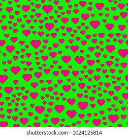 Pink heart seamless pattern on the green background