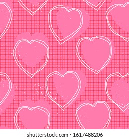 Pink heart seamless pattern with red check grid and minimalist romantic isolated objects and abstract outlines for Valentine’s Day celebration gift wrapping or party decoration.
