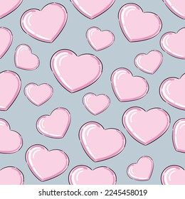 Pink heart seamless romantic pattern on grey art design stock vector illustration for web, for print, for fabric print, for wrapping paper