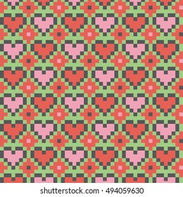 Pink heart seamless stitching pattern on a light green background. Pixel art seamless pattern in desaturated colors. Vector illustration