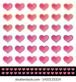 Pink heart set with assorted color outlines in colorful bright colors of red, pink, yellow, purple, and blue isolated on a white background in a vector illustration
