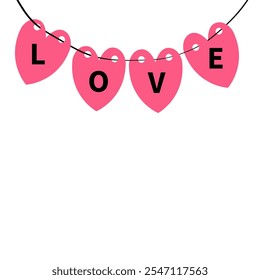 Pink heart set hanging garland. LOVE. Happy Valentines Day greeting card, invitation, banner template. Love sticker. Hearts decoration. Romantic icon. Flat design. White background. Isolated. Vector