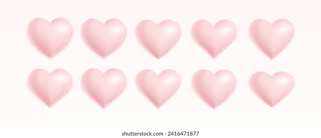 Pink heart set with shadows isolated on soft background. Love symbol. 3D vector holiday element collection.