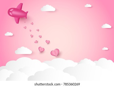 pink heart shape with airplane over cloud vector background, love and valentine day concept, space for text or message design