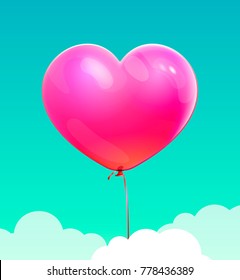 Pink heart shape balloon fly in the blue sky. Love symbol for valentines day greeting cards, for wedding invitations and birthday background. Vector illustration for poster, flyer, postcard .  EPS 10