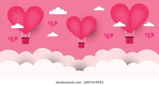 Pink heart shape balloons flying over clouds on pink background. Paper cut out style