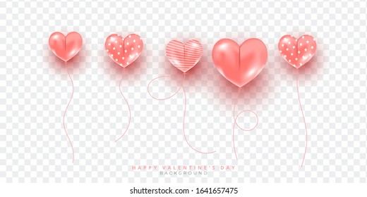 Pink heart shape balloons isolated on white background, Decor for holiday banner, poster or voucher greeting card.