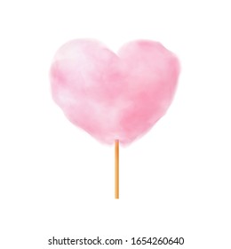 Pink heart shape cotton candy. Realistic pink heart shape cotton candy on wooden stick. Summer tasty snack for children. 3d vector realistic illustration isolated on white background