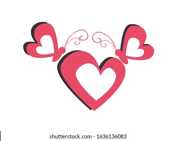 Pink heart shape and the couple butterfly with heart shape on butterfly wings.Love concept.
