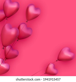 Pink heart shape flying balloons. Poster, card. Holiday, Birthday, Valentine's Day template. Vector illustration.