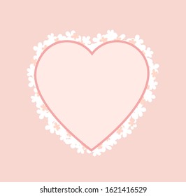 Pink heart shape frame decorated by blooming flowers isolated. Vector decorative border for marriage, engagement parties. Photo-frame for dating people in love