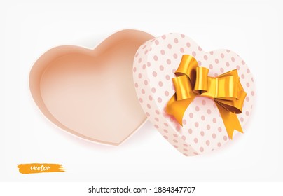 Pink heart shape gift box with gold bow and polka dot pattern on white background. Open gift box. 3d realistic vector. Romantic holiday presents Heart shape. Vector illustration.
