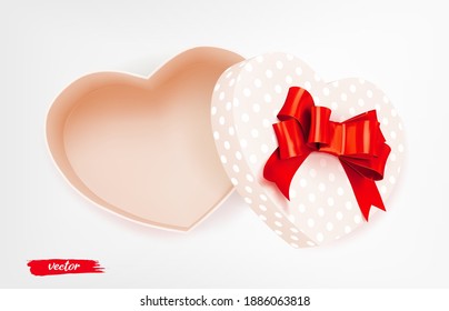 Pink heart shape gift box with red bow and polka dot pattern on white background. Open gift box. 3d realistic vector. Romantic holiday presents Heart shape. Vector illustration.