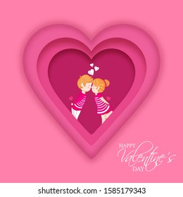 Pink Heart Shape Greeting Card Design with Cute Loving Couple Character on the Occasion of Happy Valentine's Day.