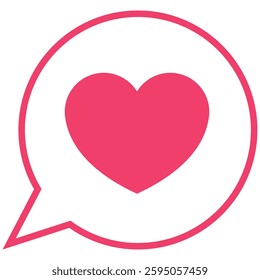 Pink heart shape inside of speech bubble with rounded edges on white background representing love and affectionate conversation.