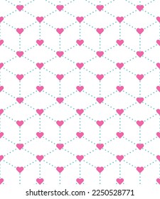 Forma de corazón rosada vinculada con hexágono de punto azul sobre fondo blanco. Feliz Día de San Valentín. Patrón cardíaco sobre fondo blanco.