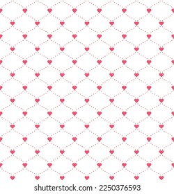 Pink heart shape linked with pink dot ogee on white background. Happy Valentine's day. Heart pattern on white backdrop.