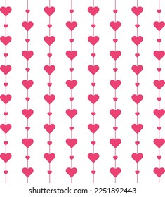 Pink heart shape linked with pink vertical line on white background. Happy Valentine's day. Heart pattern on white backdrop. Lovely heart mobile.