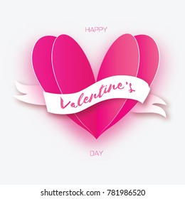 Pink Heart Shape. Love in paper cut style. Origami Valentine day. Ribbon tape for text. Romantic Holidays. 14 February. Be my valentine