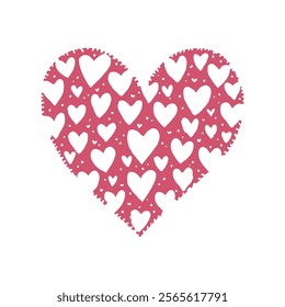 Pink heart shape made of smaller white and pink hearts, textured edges, set on a white background, symbolizing love and affection