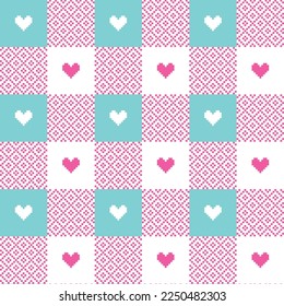 Forma de corazón rosada sobre fondo de patrón azul y blanco. Feliz Día de San Valentín. Fondo de patrón cardíaco.