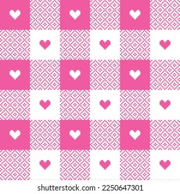 Forma de corazón rosada sobre fondo rosado y blanco. Feliz Día de San Valentín. Fondo de patrón cardíaco.
