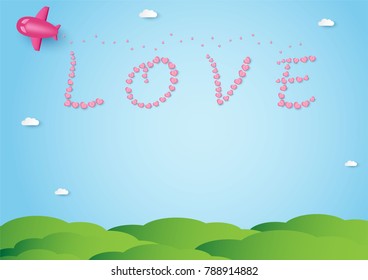 pink heart shape and plane with love word over garden in blue sky and cloud vector background, love and valentine day concept, space for text or message design