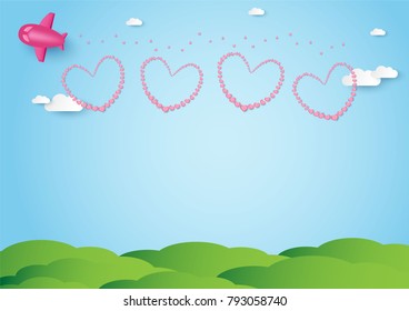 pink heart shape with plane over green garden vector background, love and valentine day concept, space for text or message design