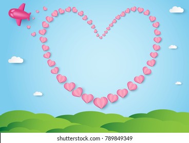 pink heart shape and plane with heart symbol over garden in blue sky and cloud vector background, love and valentine day concept, space for text or message design